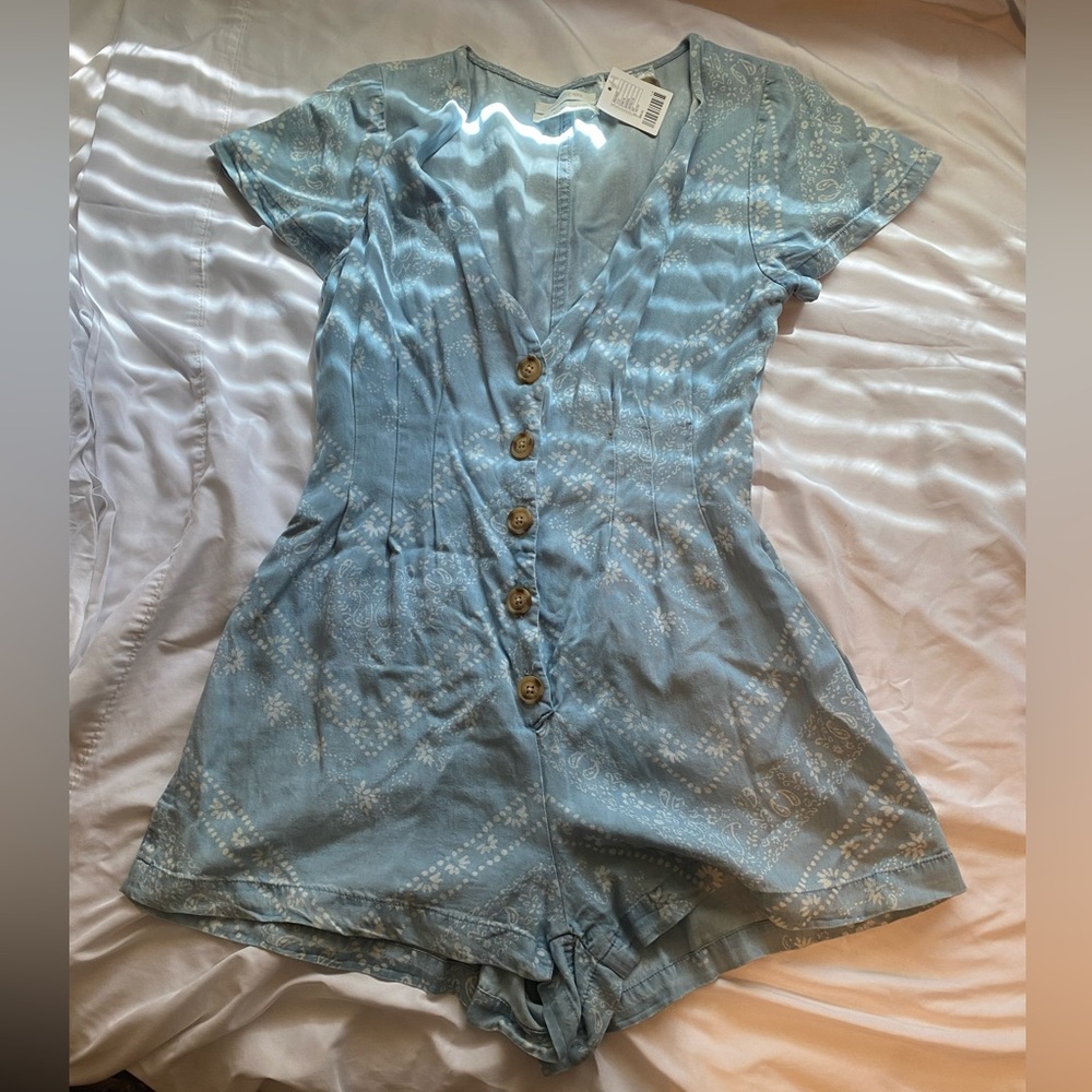 Urban Outfitters Light Blue Printed Button-Front Romper